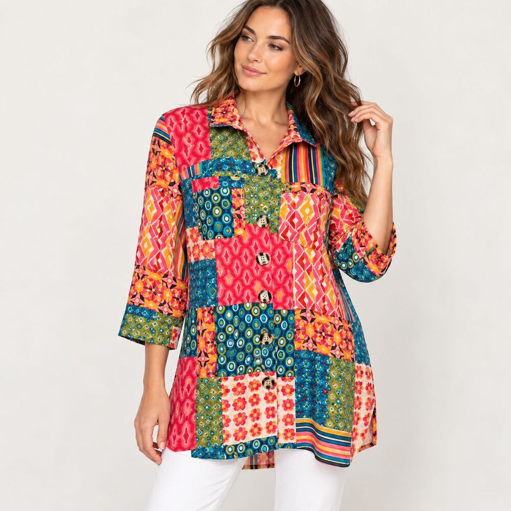 John Mark Patchwork Tunic Top S Multicolor Boho Artsy Button Front Shirt Jacket